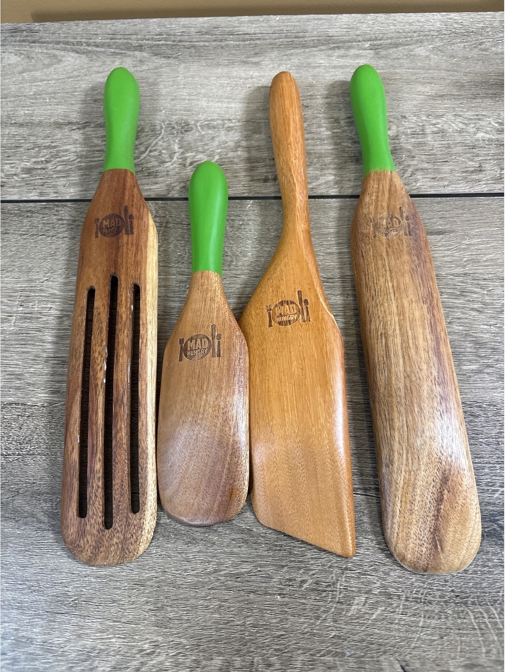 Mad Hungry Wooden Kitchen Spatula Set with Green Handles - 4 Pieces
